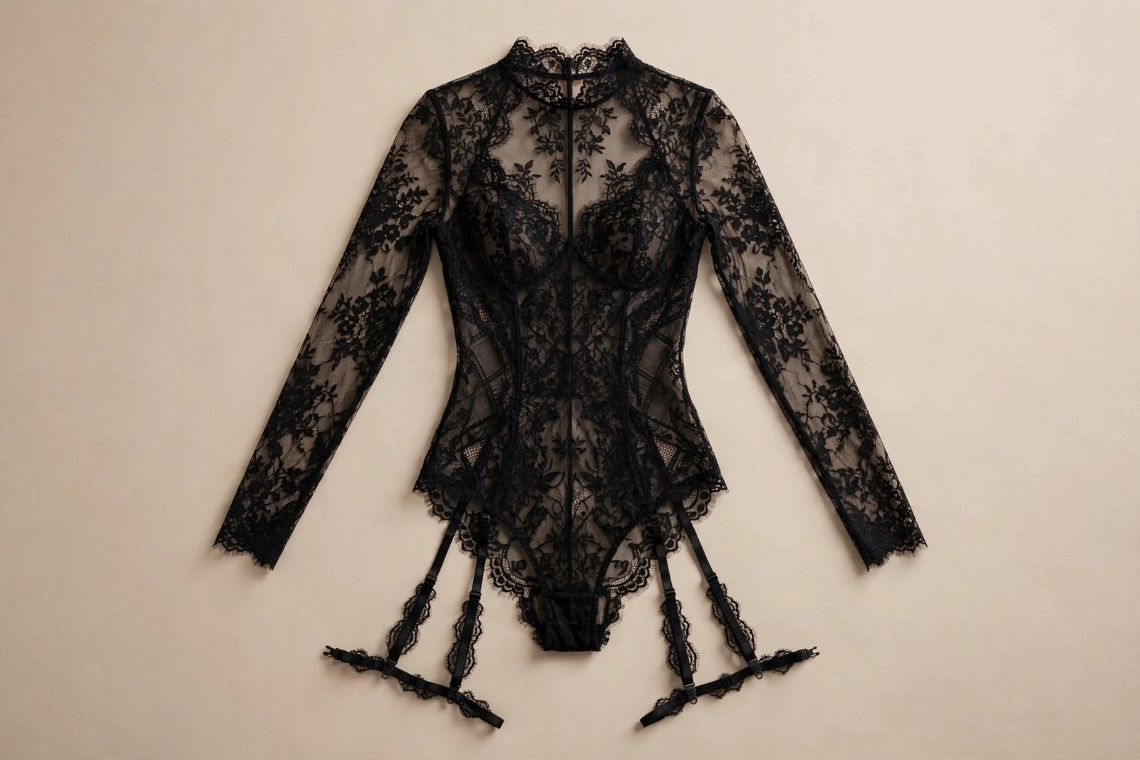 black-lace-teddy-bodysuit-with-garters Black Lace Teddy Bodysuit With Garters - Image 1